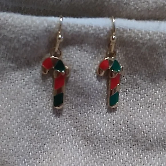 Hypoallergenic Metal Christmas Earrings Candy Cane in Gold, Red & Green - Picture 3 of 7